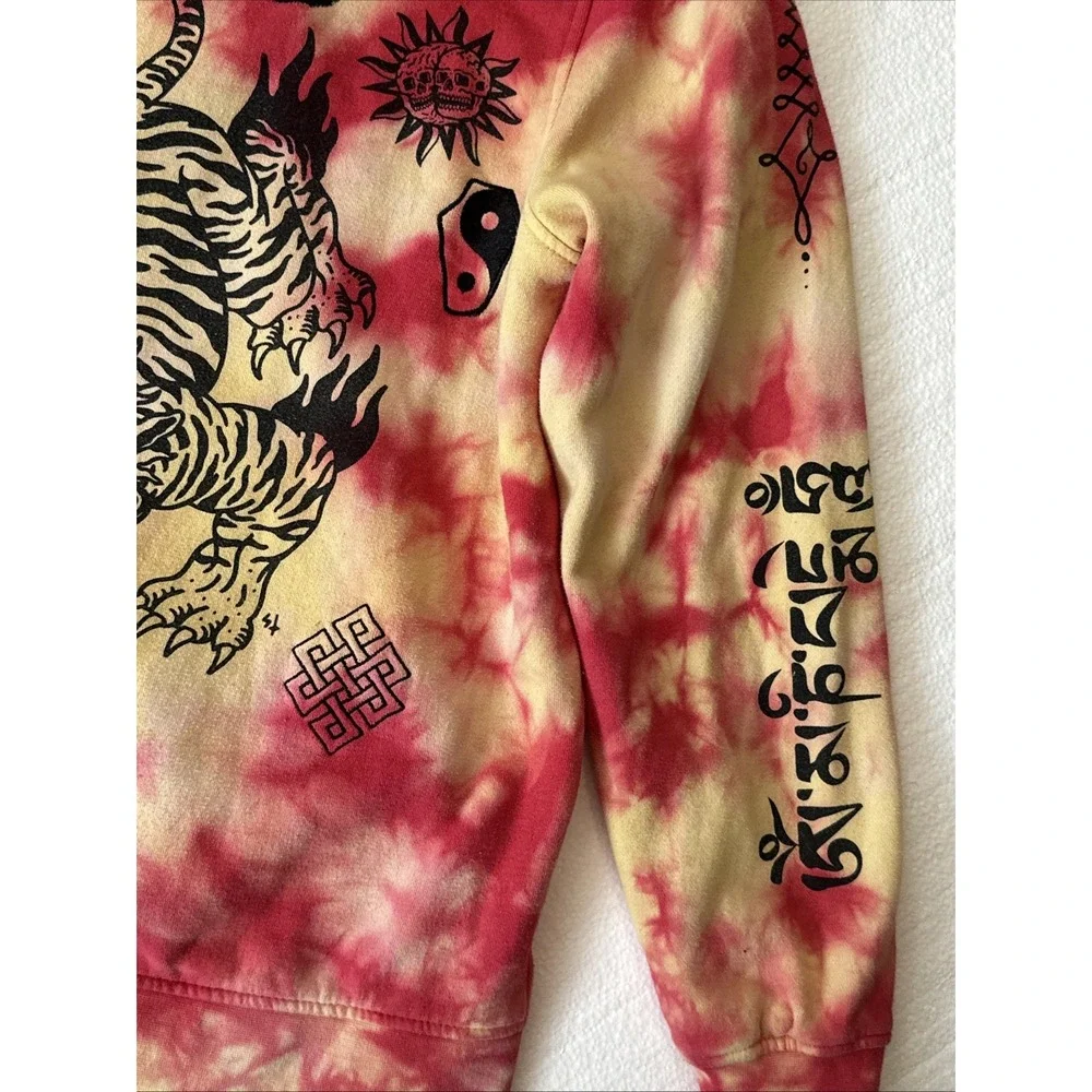 Vintage Y2K Dragon Embroidered Tie Dye Tribal Hoodie Sweatshirt 2000s Pullover‎